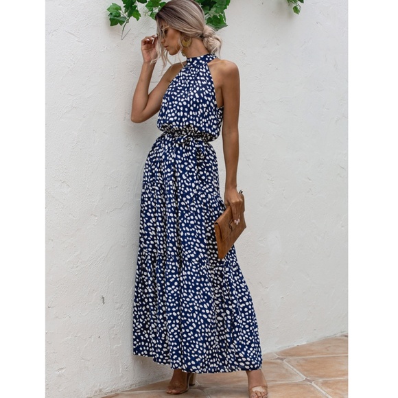 Spotted Print Maxi Dress Tie Belt High Neck - Picture 10 of 15